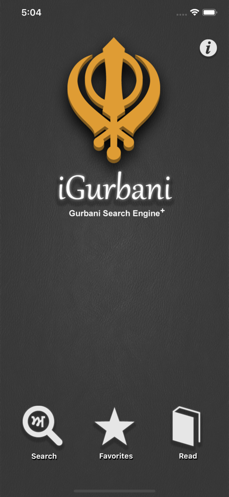 iGurbani app home screen featuring a golden Khanda symbol and icons for search favorites and reading