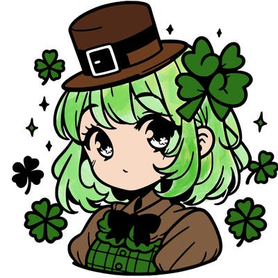 a manga-style girl with clovers around her, a little hat in her hair, like it's saint patrick's day