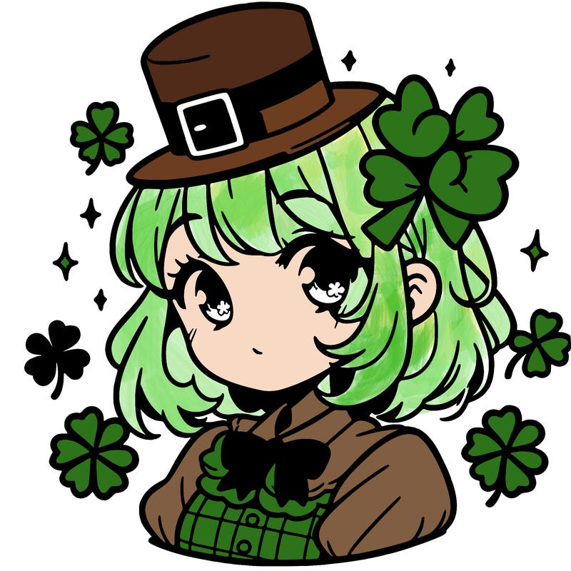 a manga-style girl with clovers around her, a little hat in her hair, like it's saint patrick's day