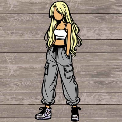 girl in baggy pants crop top and long hair