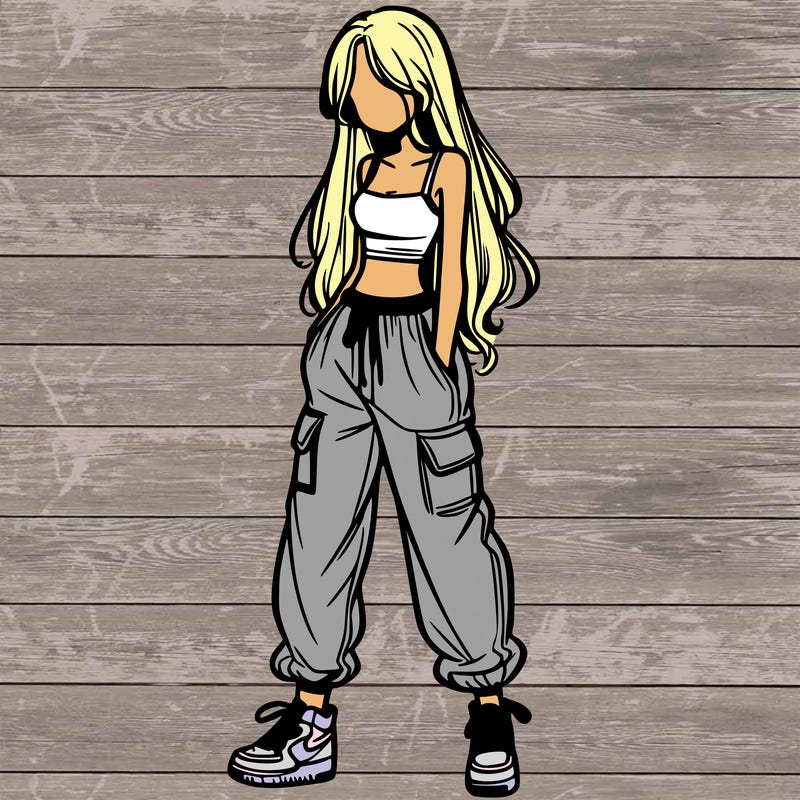 girl in baggy pants crop top and long hair