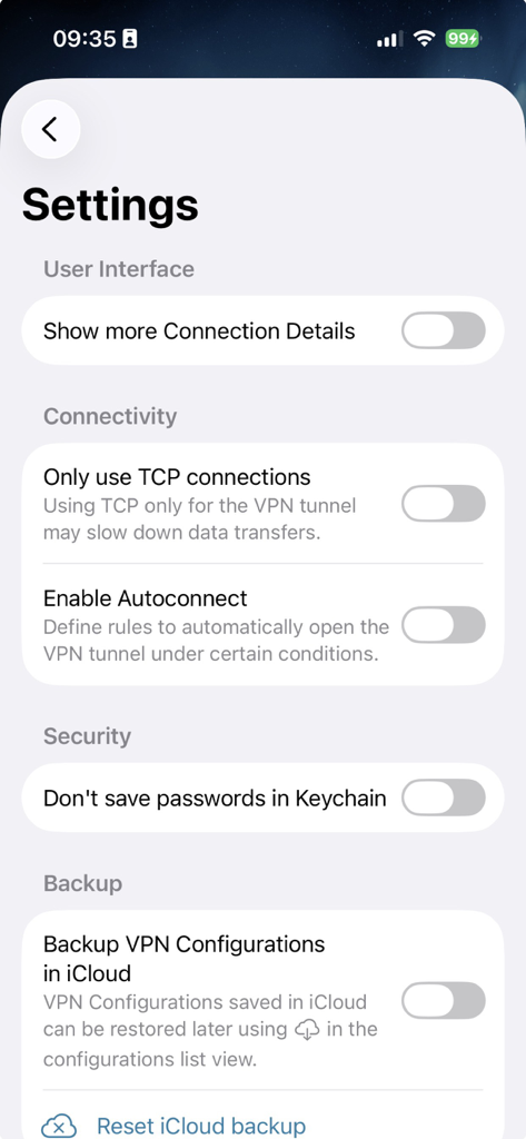 Clavister OneConnect - Interfaz de configuración para la aplicación Clavister OneConnect con opciones de configuración de conectividad y seguridad.