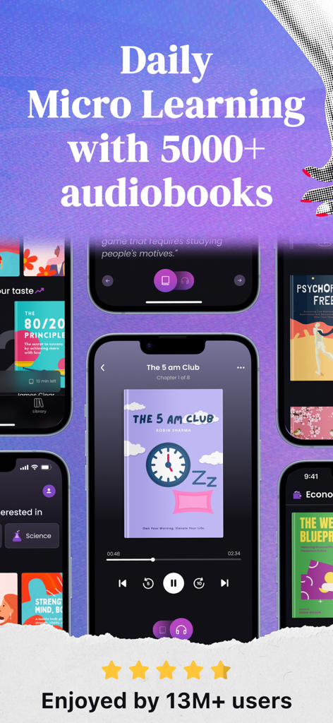 Interfaz de la aplicación kitUP que muestra resúmenes de microaprendizaje de libros y reproductor de audio para el automejoramiento