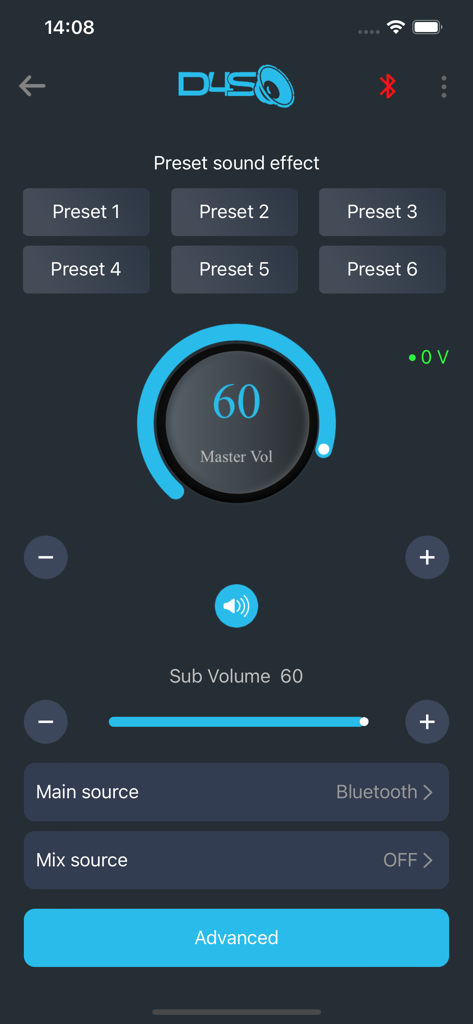 EZY-DSP - Pantalla principal de la aplicación EZY-DSP que muestra el control de volumen maestro y los ajustes preestablecidos de sonido