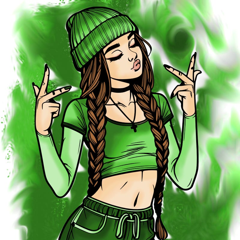 realistic teenage girl with braids and a beanie and crop top doing 🫶🏼