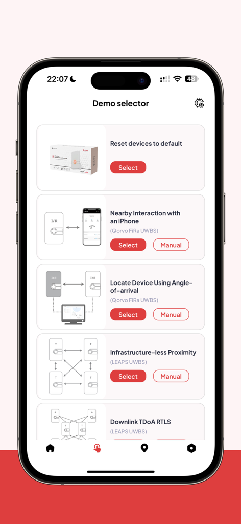 LEAPS Manager App Demo-Selektor-Oberfläche zur Konfiguration von UWB- und RTLS-Hardware-Setups.