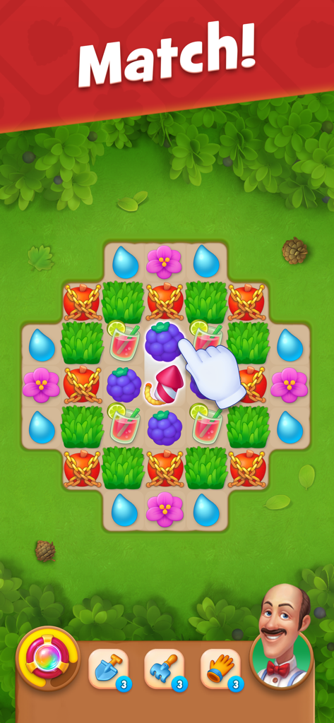 Gardenscapes match-3 puzzle level showing game board and Austin the butler