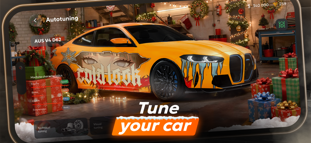Vibe City — online RP - A customized yellow sports car with a unique anime wrap in a holiday-themed garage within the Vibe City mobile game