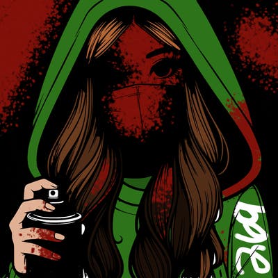 girl wearing a mask with long hair with her hood up spray-painting realistic