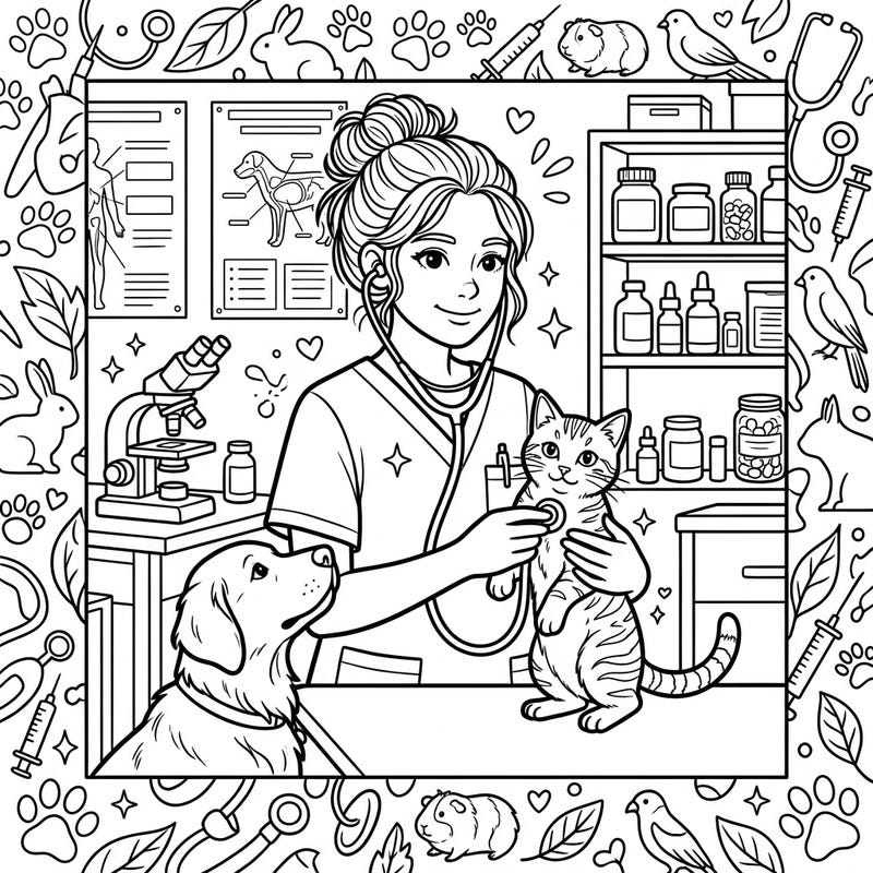 Dive into the world of animal care with this engaging veterinarian coloring page, featuring a kind vet attending to her furry patients. It's a wonderful way to celebrate the essential work of pet doctors and explore a beloved profession.