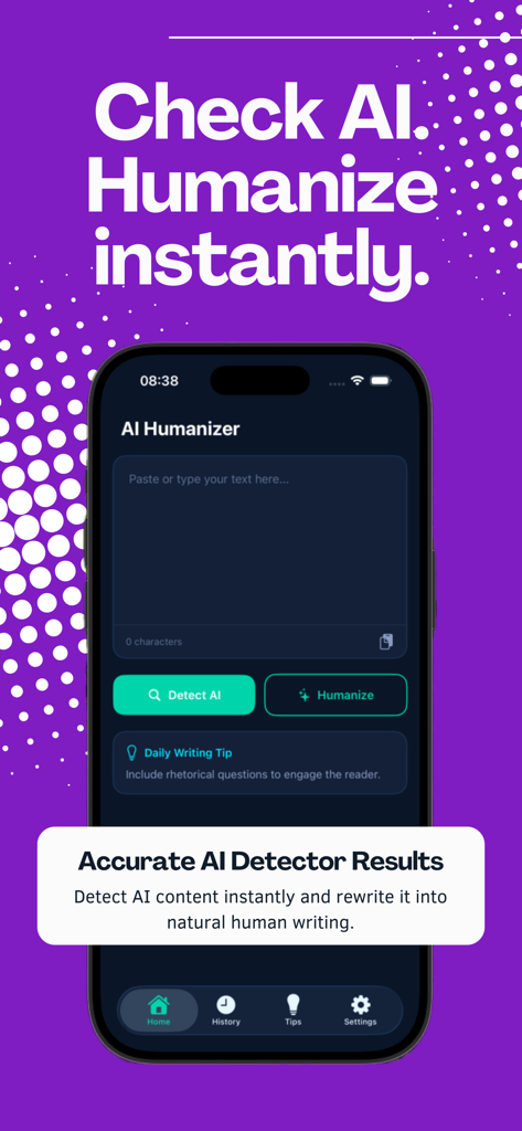 AI Humanizer & Detector - Interface do aplicativo Humanizador e Detector de IA mostrando a área de entrada de texto com os botões Detectar IA e Humanizar.