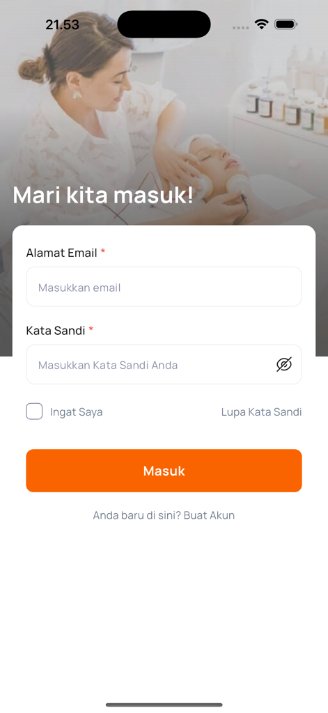Qeza Care - Pantalla de inicio de sesión de la aplicación Qeza Care con campos para correo electrónico y contraseña sobre una imagen de fondo de un tratamiento facial.