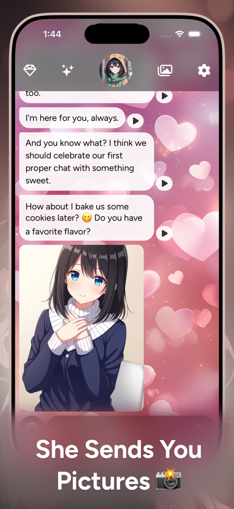 WaifuChat: AI Anime Fantasy - A mobile app screenshot of WaifuChat showing an AI anime companion sending a picture in a chat interface with heart backgrounds