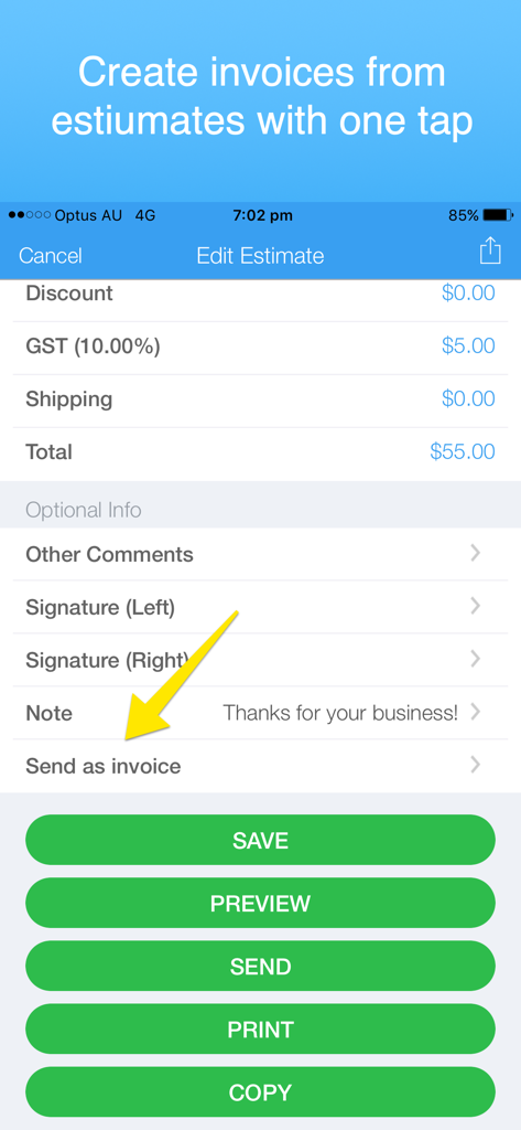 Interface showing how to convert an estimate into an invoice with one tap in the Invoice Maker Simple app