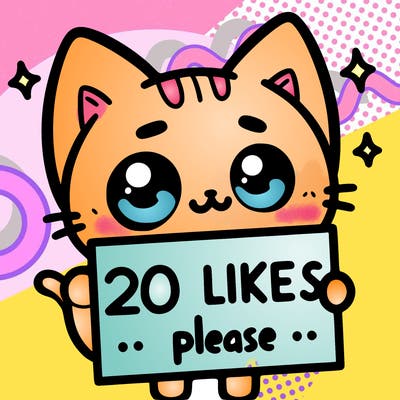 a cat that is holding a sign that says 20 likes please