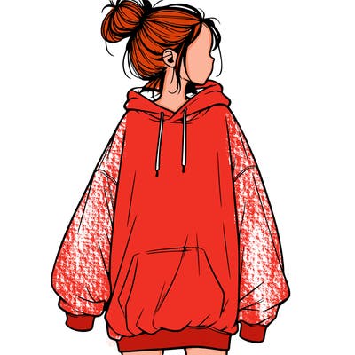 realistic girl with a oversized sweatshirt on and a bun