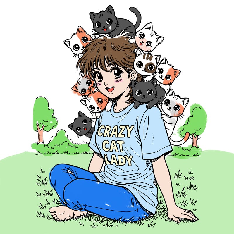 a girl with ten kitten around her off of her head says crazy cat lady. she's just wearing a shirt and pants and she's sitting in the grass