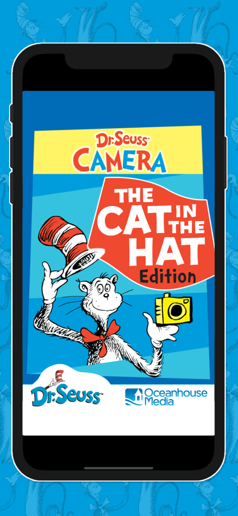 Splash screen of Dr. Seuss Camera app featuring the Cat in the Hat holding a camera.