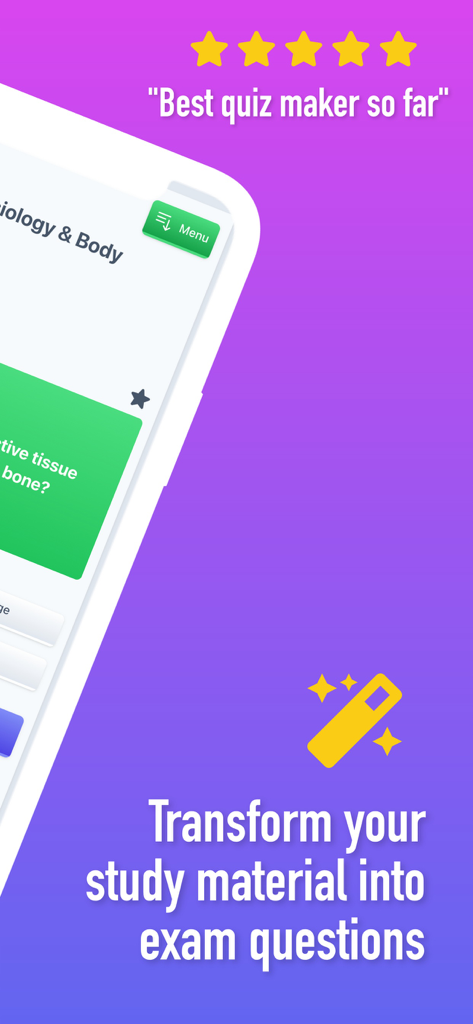 Interfaz de la aplicación Ovido demostrando cómo transformar materiales de estudio en preguntas de examen con una reseña de 5 estrellas