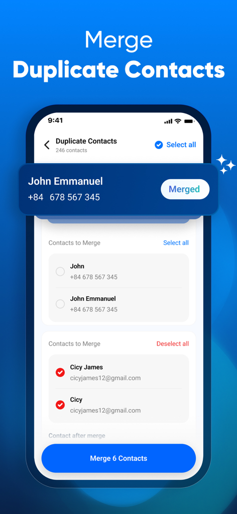 Interfaz de la aplicación iCleaner que muestra la función para fusionar contactos duplicados en un iPhone