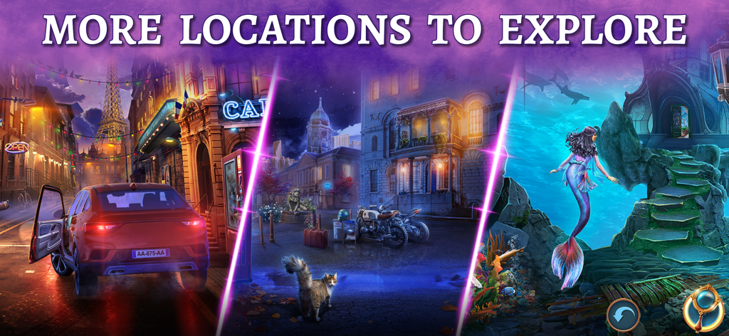Magic City: Hidden Objects F2P - A collage showing different game locations including Paris a city street and a magical underwater scene with a mermaid