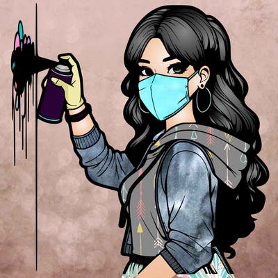 realistic girl with mask spray painting a wall