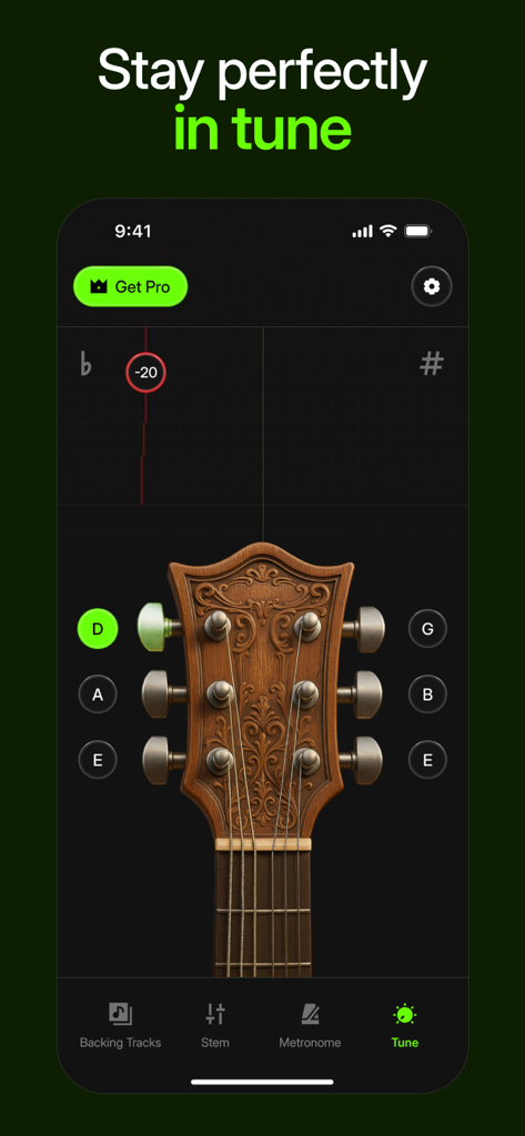 AI Backing Track Generator - Digital guitar tuner interface with a headstock visualizer in the Rhythm Studio app