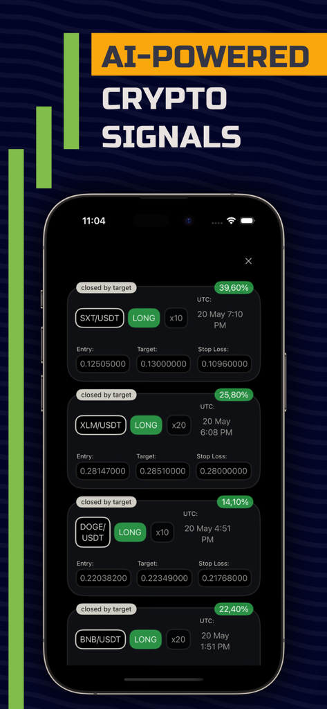 Smartphone screen showing AI powered crypto signals and profitable trading results for various cryptocurrency pairs.