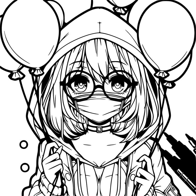 hot anime girl wearing a hood and has cute glasses holding balloons covering part of her face and blank background