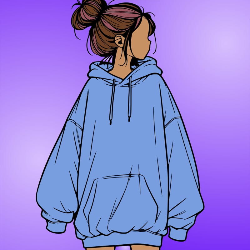 realistic girl with a oversized sweatshirt on and a bun