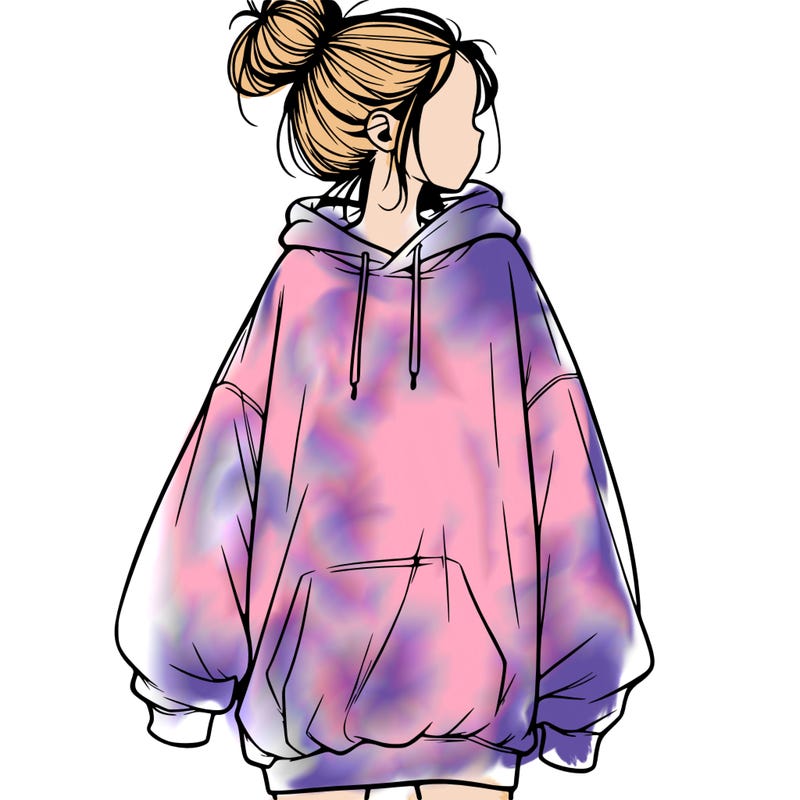 realistic girl with a oversized sweatshirt on and a bun