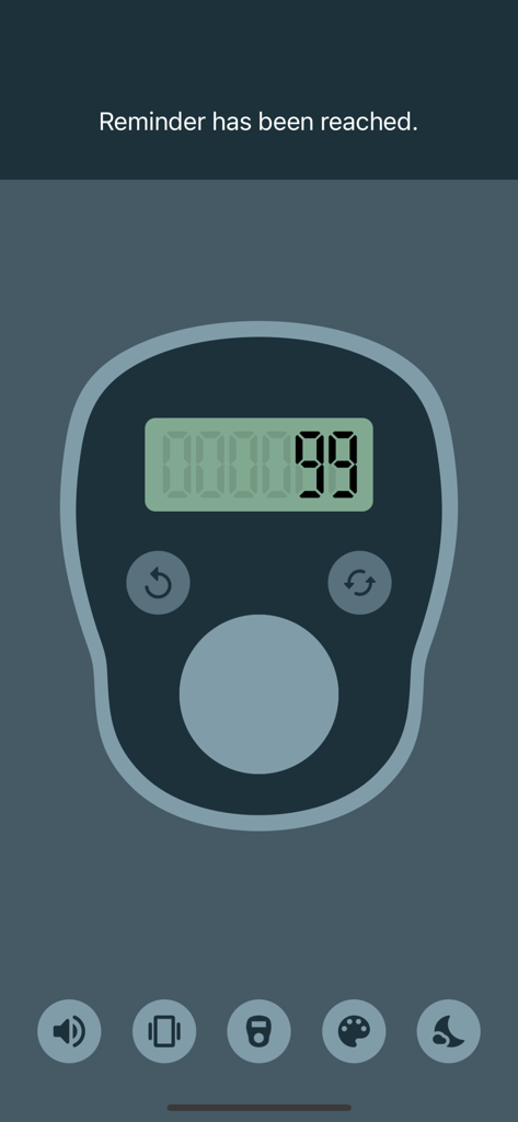 Digital tasbih counter interface showing 99 counts with a reminder reached notification