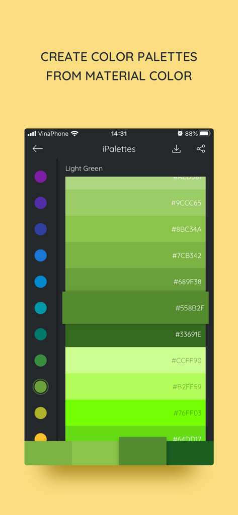 iPalettes app interface displaying a green material color palette with hex codes