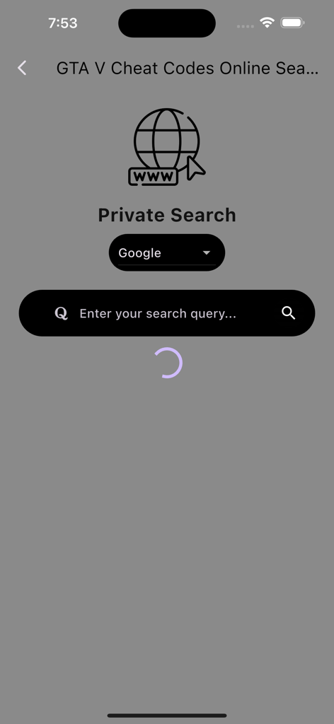 Screenshot of the private web search interface in the GTA 5 cheat codes app
