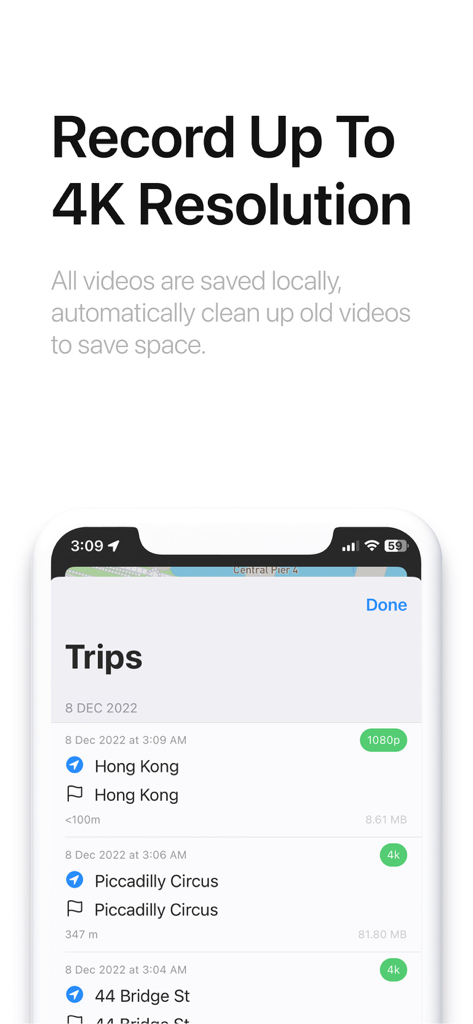 DashMap - DashMap app interface showing a list of recorded trips with 4K resolution labels
