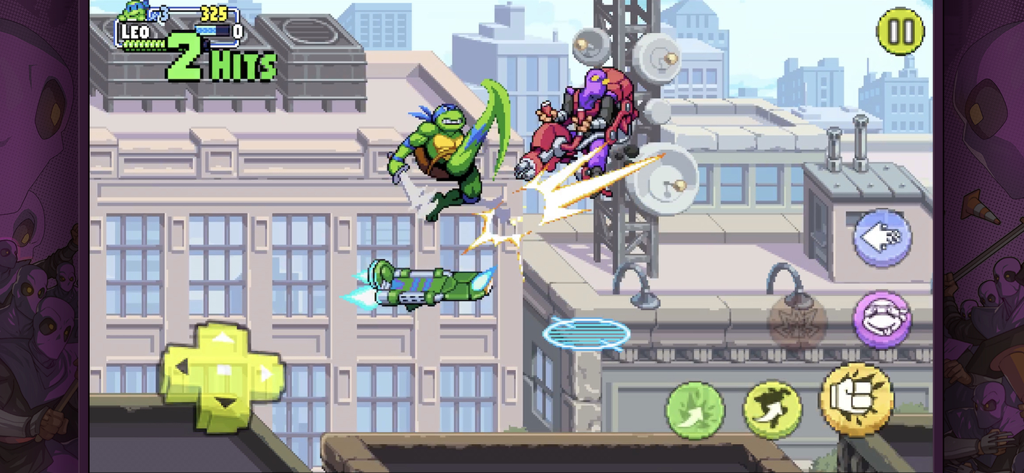 TMNT:Shredder’s Revenge Mobile - TMNT Shredders Revenge 모바일에서 도시 옥상에서 적과 싸우는 Leonardo
