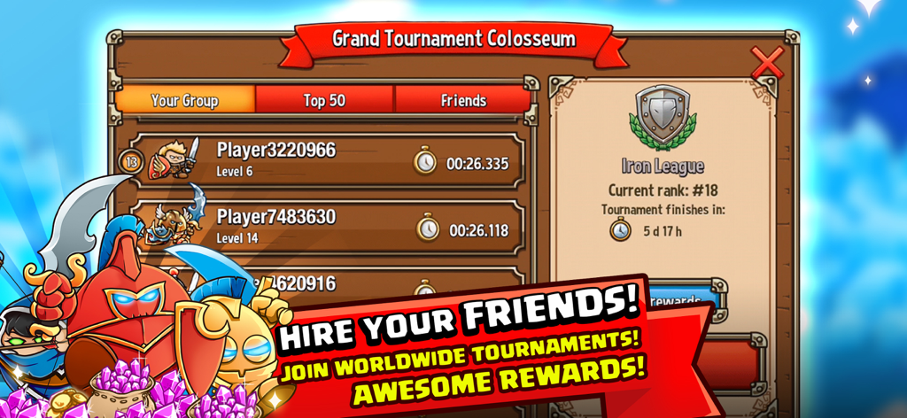 Crazy Kings Tower Defense Game - Crazy Kings Grand Tournament Colosseum screen showing the player leaderboard and Iron League ranking