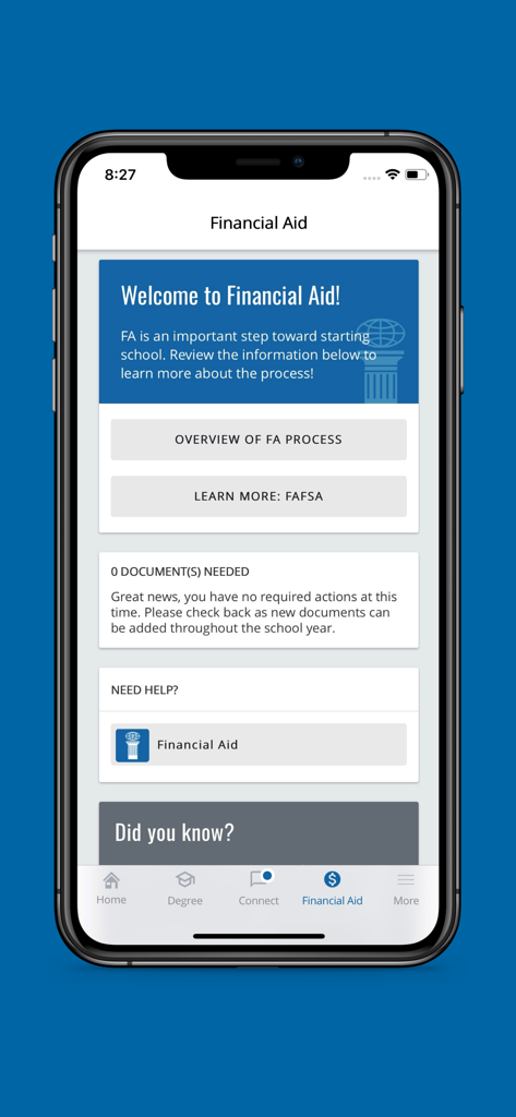 Interface de Ajuda Financeira no aplicativo AIU Student Mobile exibindo links FAFSA e requisitos de documentos.