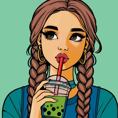 realistic girl with braided hair drinking boba