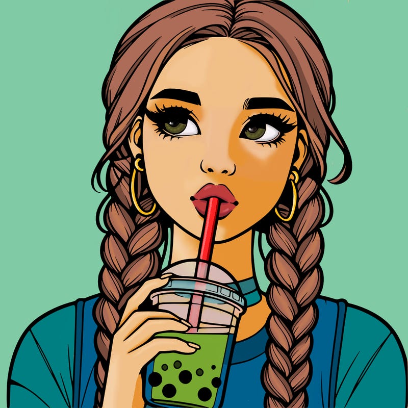 realistic girl with braided hair drinking boba