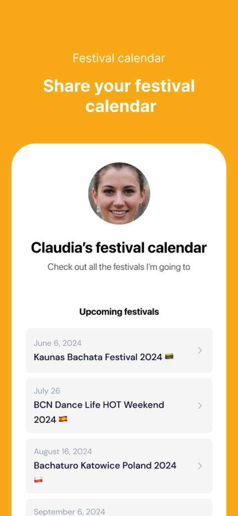 Oberfläche der ABCDancer-App, die einen geteilten Festival-Kalender mit bevorstehenden Tanzveranstaltungen zeigt, einschließlich Bachata und internationaler Tanzfestivals