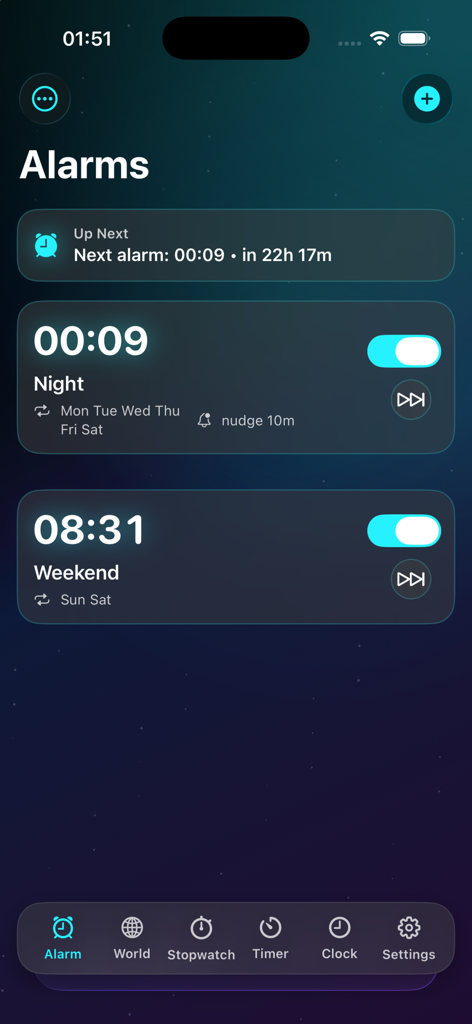 Alarm Clock – Loud Wake Up* - Screenshot of the Alarms screen in the Alarm Clock – Loud Wake Up app showing multiple scheduled alarms.