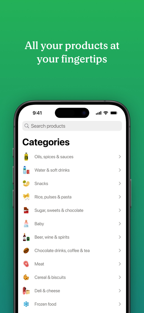Mercadona - Pantalla de la app de Mercadona mostrando varias categorías de comestibles como snacks, carne y comida congelada en un smartphone