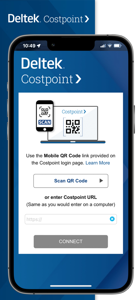 Deltek Costpoint app setup screen showing QR code scanning and URL entry options for connecting to the enterprise system