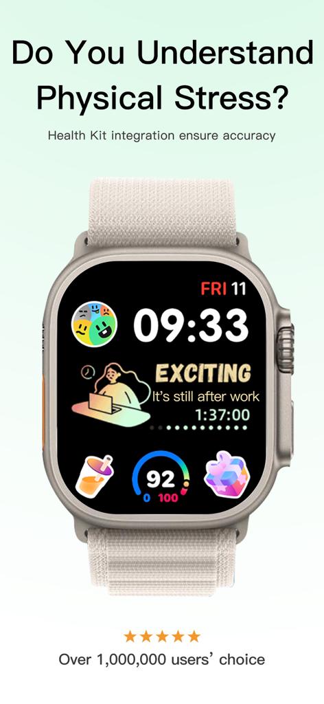 Destress Now - Stress Monitor - Apple Watchの画面にDestress Nowアプリが表示され、ストレスレベルとキュートな健康追跡アイコンが表示されています