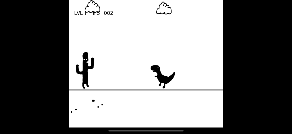 Tela de jogo corredor 2D retrô minimalista com um cacto e um dinossauro