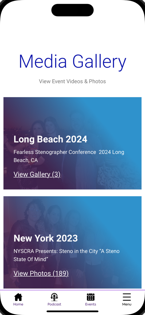 Steno In The City - Steno In The City app media gallery screen showing photo collections from past stenography conferences in Long Beach and New York.
