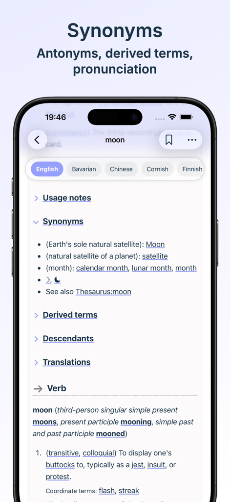 Screenshot of WikiDee app showing synonyms and verb definitions for the word moon