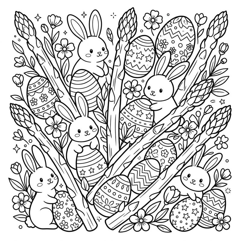 Dive into a unique Easter celebration with this charming coloring page, blending festive bunnies and decorated eggs with fresh, crisp asparagus stalks. It's a whimsical tribute to spring's bounty, offering a delightful and engaging coloring experience for all ages.