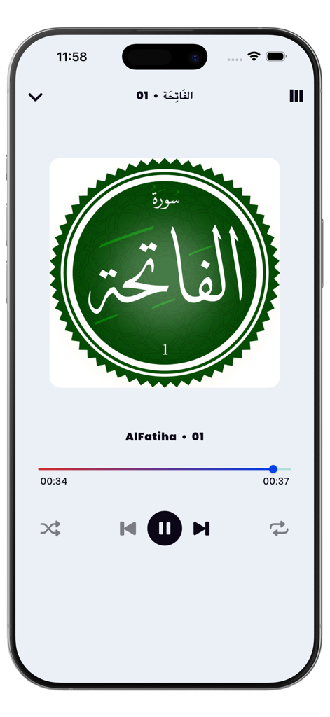 Offline Quran MP3 Audio - Interface limpa do aplicativo móvel Áudio MP3 do Alcorão Offline tocando a Sura Al-Fatiha com controles de reprodução